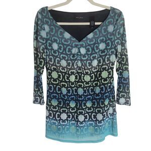 Axcess Y2K 3/4 Sleeve Top Women's Medium M Blue Green Geometric Sheer Lined